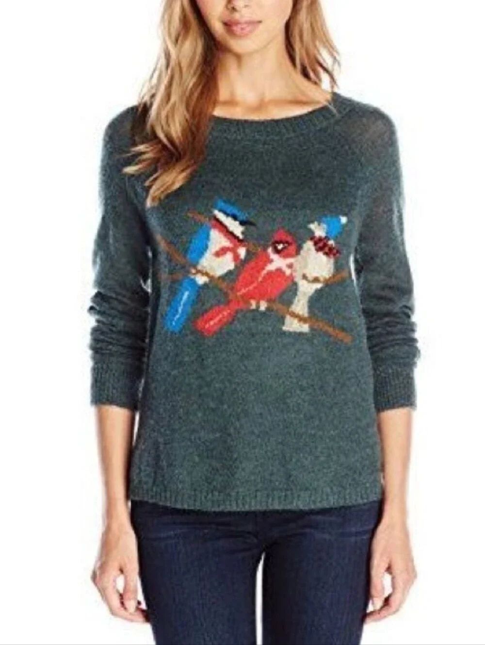NWT Woolrich Green Wool Mohair Sweater Cardinal Birds Long Sleeve Crew Neck L